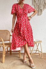 Rochie Midi Avima Rosie cu Flori Albe