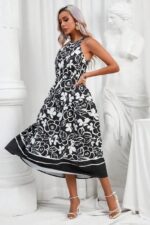 Rochie Midi Sore Neagra cu Flori Albe